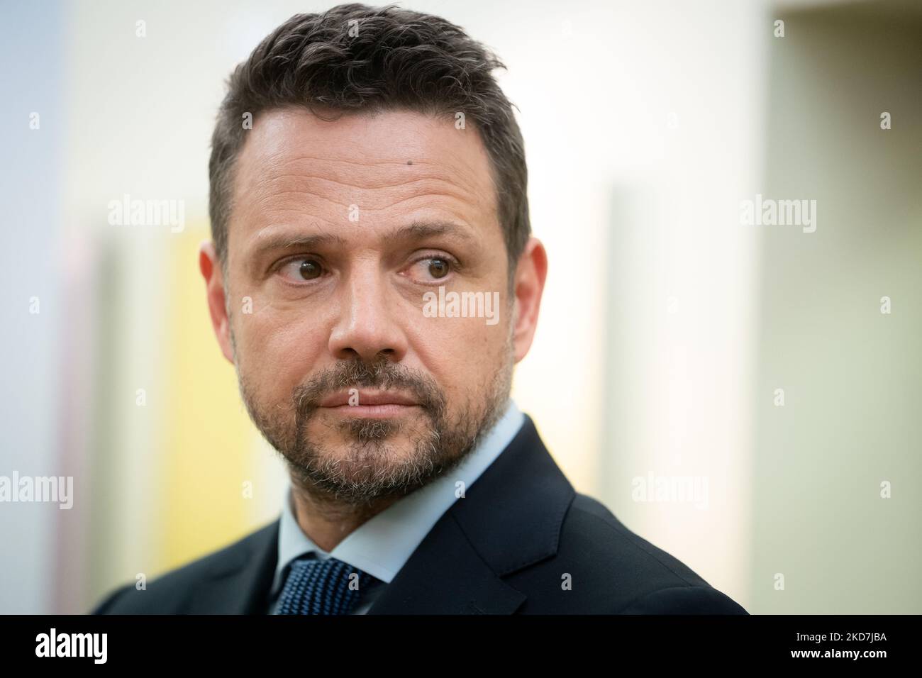 Mayor of Warsaw Rafal Trzaskowski during a press conference at the Youth Palace, where Warsaw has launched a remote learning facility for young people from Ukraine, in Warsaw, Poland on April 13, 2022 (Photo by Mateusz Wlodarczyk/NurPhoto) Stock Photo