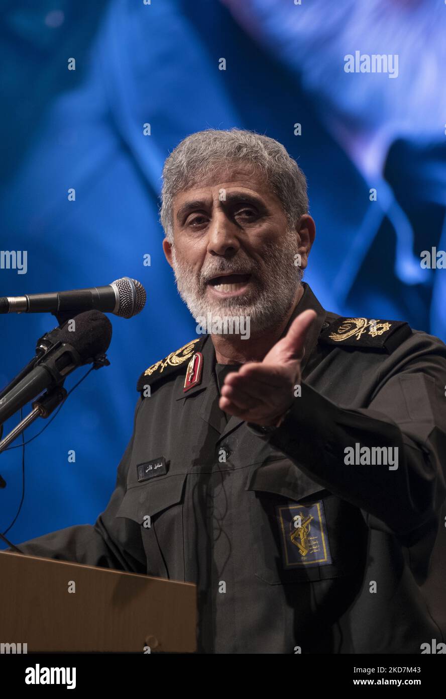 Commander of Iran’s Islamic Revolutionary Guard Corps’ (IRGC) Quds Force, Esmail Qaani gestures while speaking in a ceremony in the Iranian Interior Ministry building in downtown Tehran, on April 14, 2022. (Photo by Morteza Nikoubazl/NurPhoto) Stock Photo