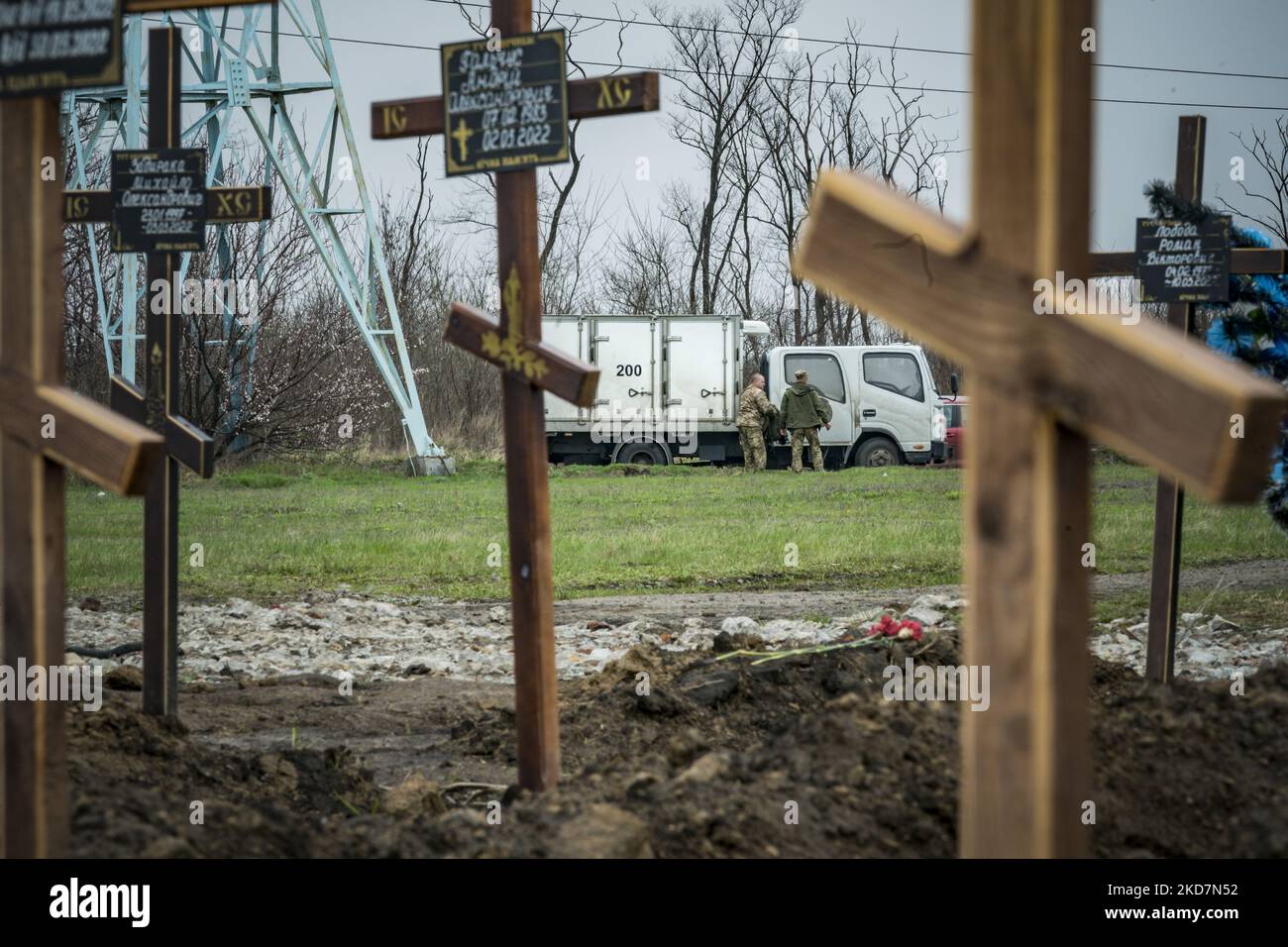 A truck with the number 200, distinctive of the trucks that pick up the soldiers killed in combats, parks near the military cemetery of Dnipropetrovsk, Ukraine. (Photo by Celestino Arce/NurPhoto) Stock Photo