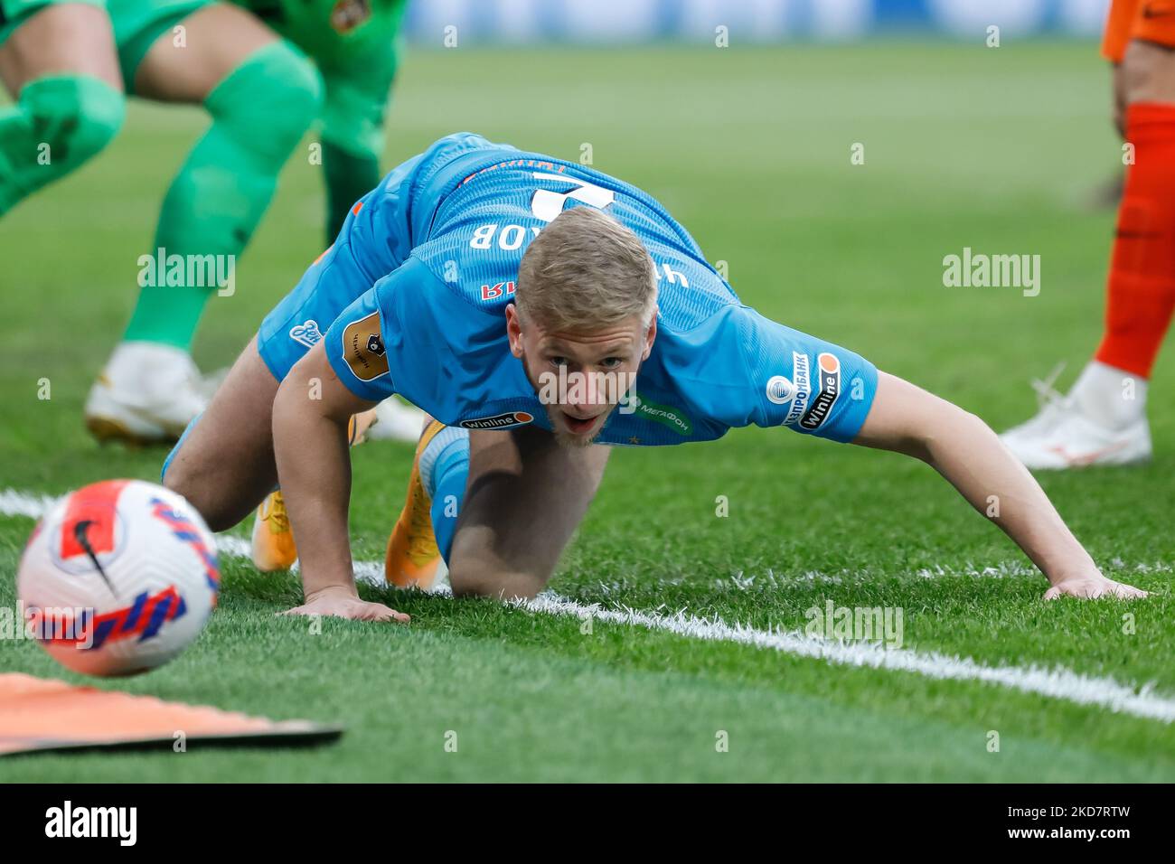 Dmitri Chistyakov of Zenit St. Petersburg in action during the Russian Premier League match between FC Zenit Saint Petersburg and FC Ural Yekaterinburg on April 16, 2022 at Gazprom Arena in Saint Petersburg, Russia. (Photo by Mike Kireev/NurPhoto) Stock Photo