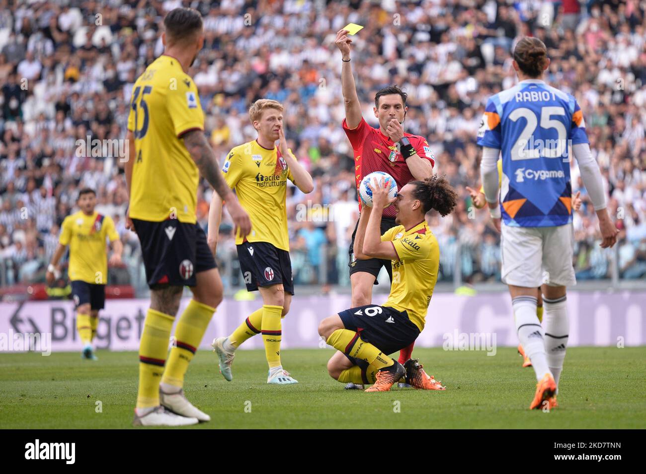 Arthur Theate of Bologna FC laughs ironically after being shown a