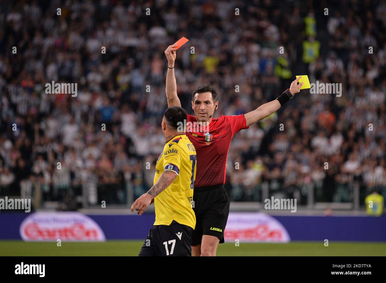 Gary Medel of Bologna FC reacts after being shown a red card by the