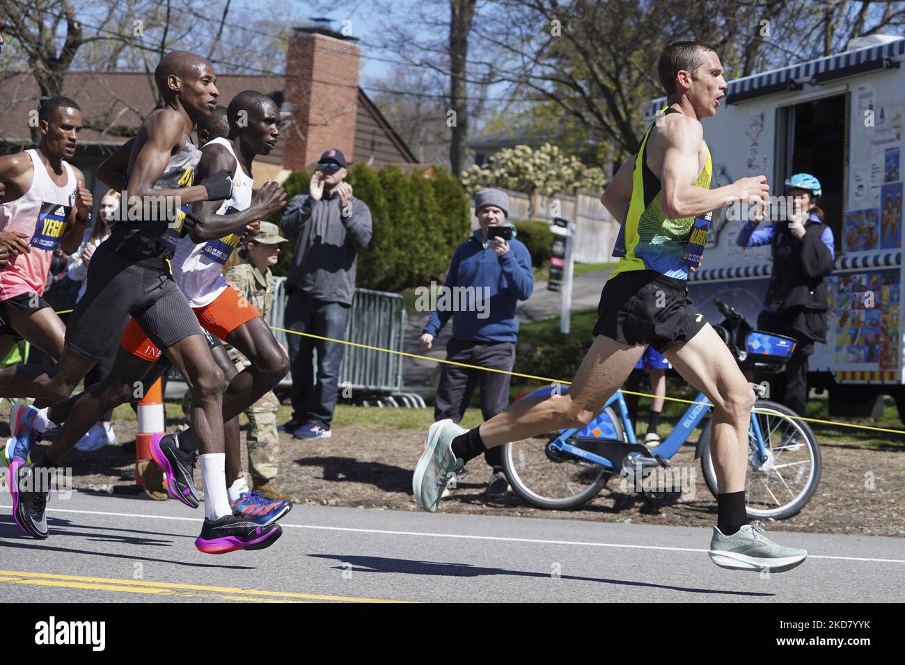 Boston Marathon 2022 leaders in the mens division run up one of the