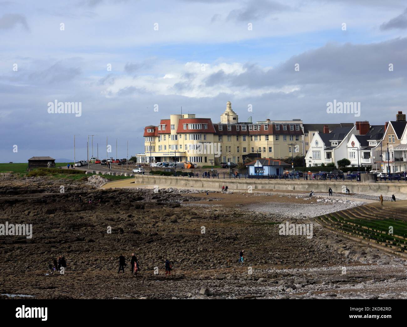 Porthcawl beach and Seabank Hotel, Porthcawl Esplanade. October 2022