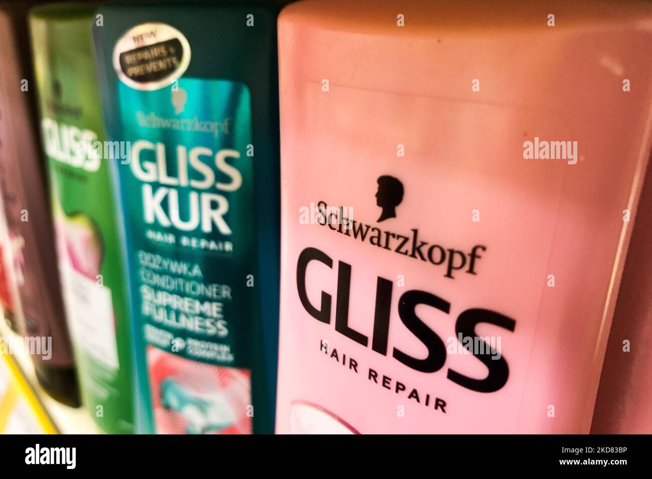 Schwarzkopf packaging are seen in a store in Poland on April 19, 2022. (Photo illustration by Jakub Porzycki/NurPhoto) Stock Photo