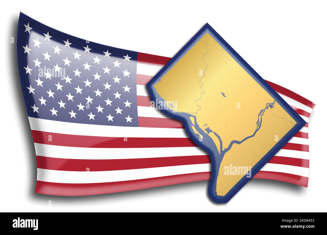 Map of District of Columbia against an American flag. Rivers and lakes are shown on the map. American Flag and Golden Map can be used separately and e Stock Vector