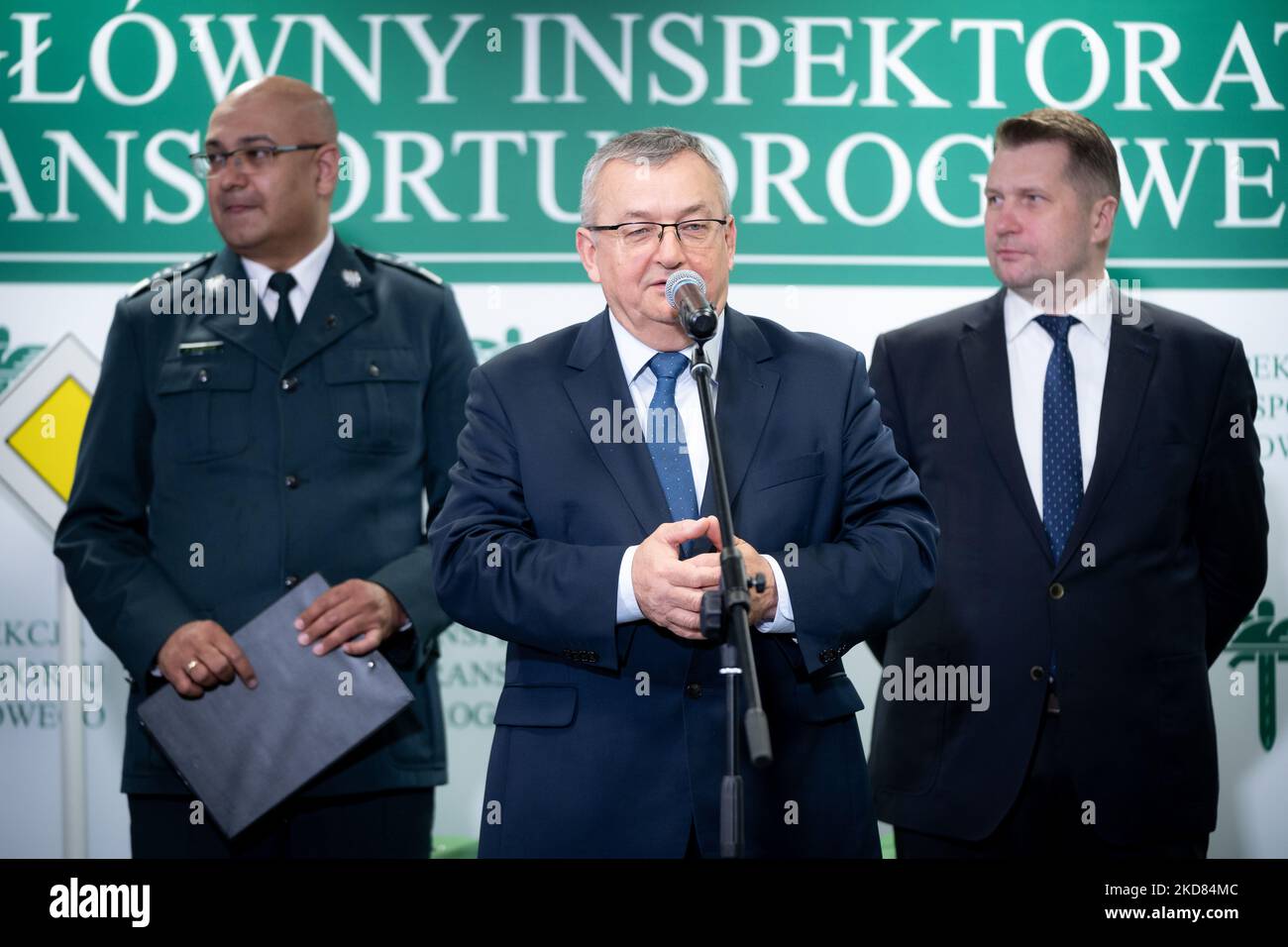 Polish minister of infrastructure Andrzej Adamczyk, minister of education Przemyslaw Czarnek and Chief Inspector of Transport Alvin Gajadhur during the online educational meeting on the basic principles of road safety for children from Ukraine in Warsaw, Poland on April 21, 2022 (Photo by Mateusz Wlodarczyk/NurPhoto) Stock Photo