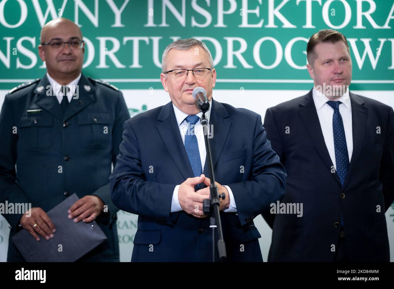 Polish minister of infrastructure Andrzej Adamczyk, minister of education  Przemyslaw Czarnek and Chief Inspector of Transport Alvin Gajadhur during  the online educational meeting on the basic principles of road safety for  children