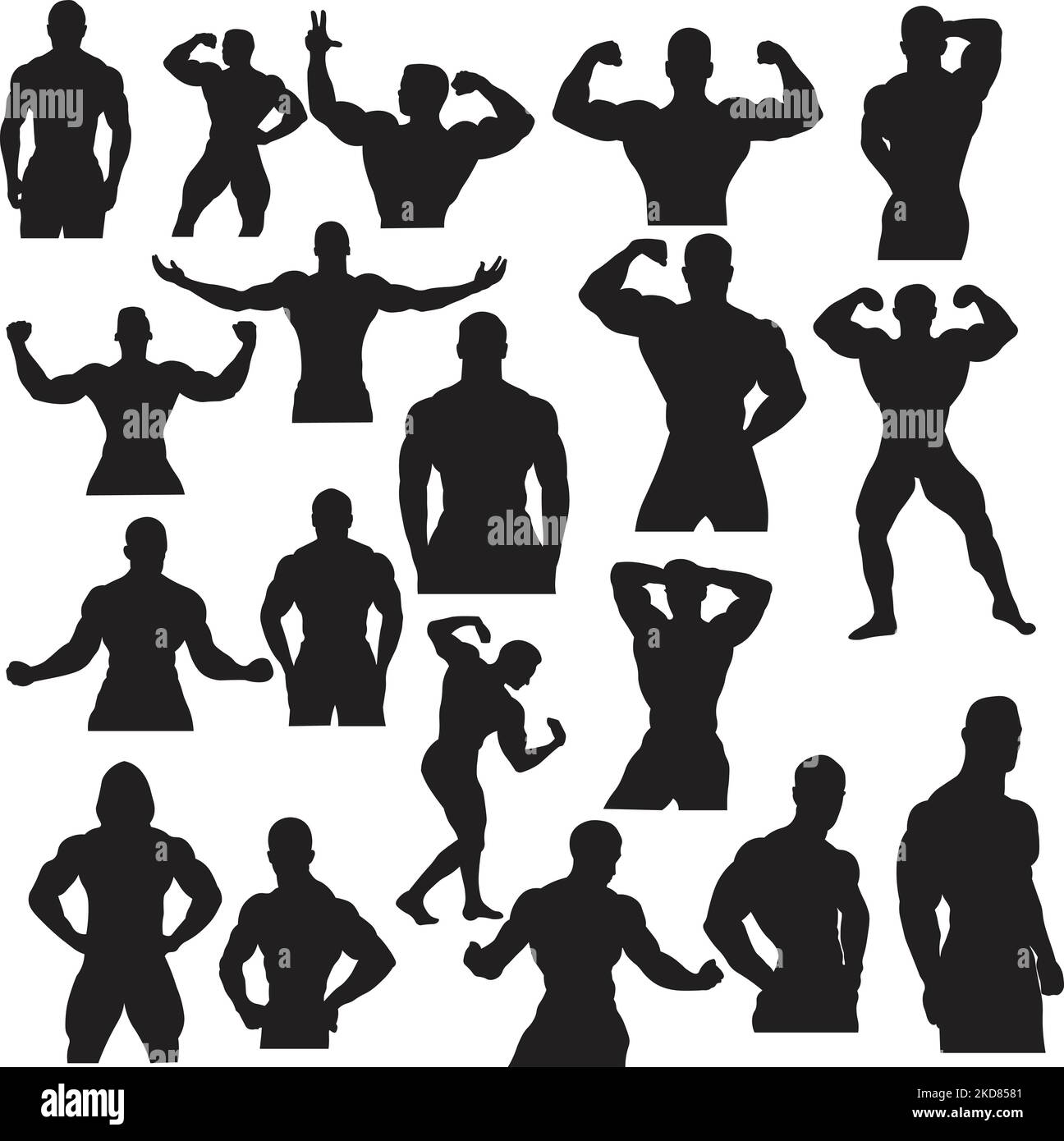 A digital illustration set of silhouettes of fit men on a white background Stock Vector