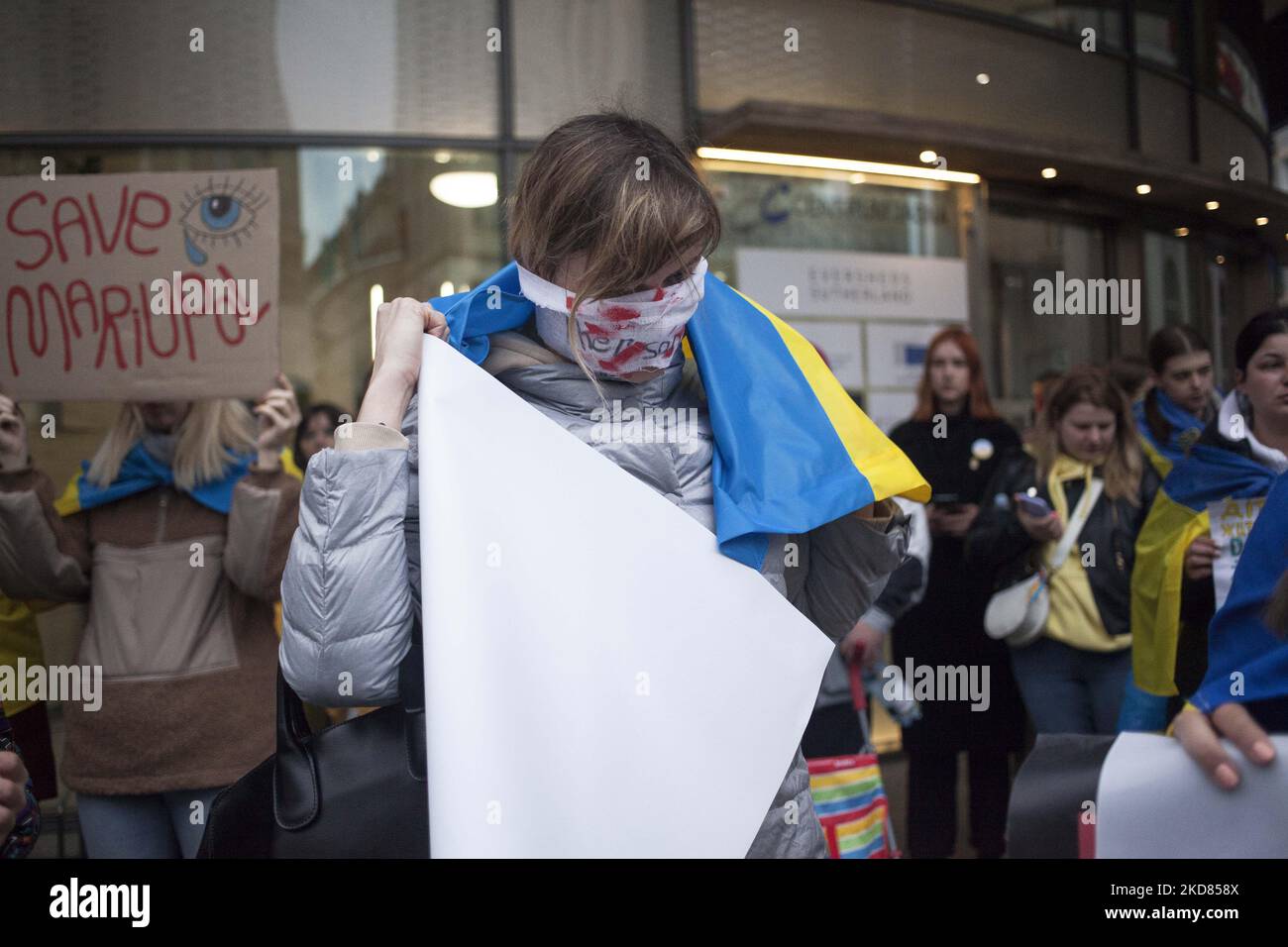 Save Ukrainian Children demo in Warsaw seen in Warsaw on April 22, 2022. (Photo by Maciej Luczniewski/NurPhoto) Stock Photo