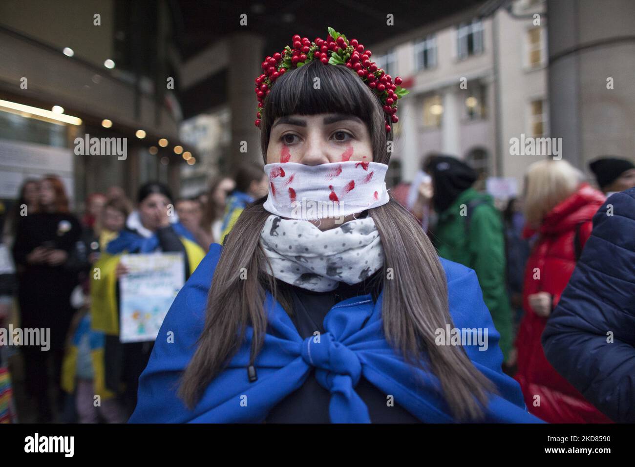 Save Ukrainian Children demo in Warsaw seen in Warsaw on April 22, 2022. (Photo by Maciej Luczniewski/NurPhoto) Stock Photo