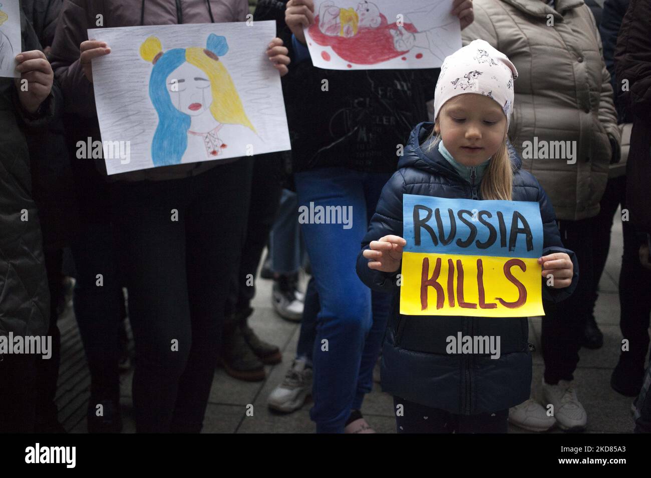 Save Ukrainian Children demo in Warsaw seen in Warsaw on April 22, 2022. (Photo by Maciej Luczniewski/NurPhoto) Stock Photo