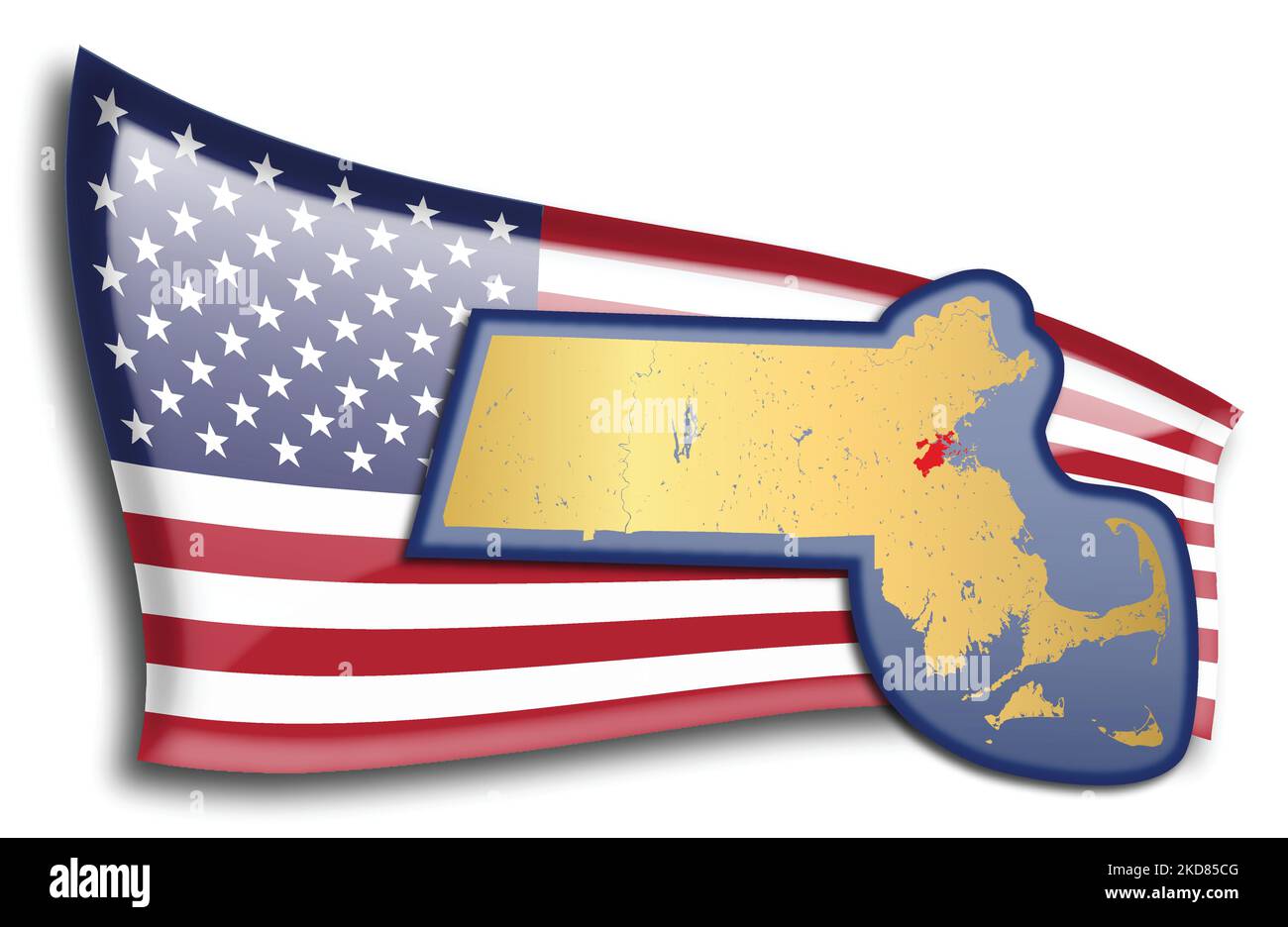 U.S. states - map of Massachusetts against an American flag. Rivers and lakes are shown on the map. American Flag and State Map can be used separately Stock Vector