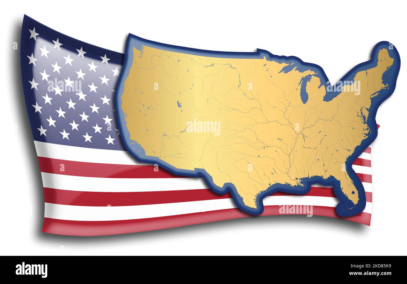 United States map against an American flag. Rivers and lakes are shown on the map. American Flag and State Map can be used separately and easily edita Stock Vector
