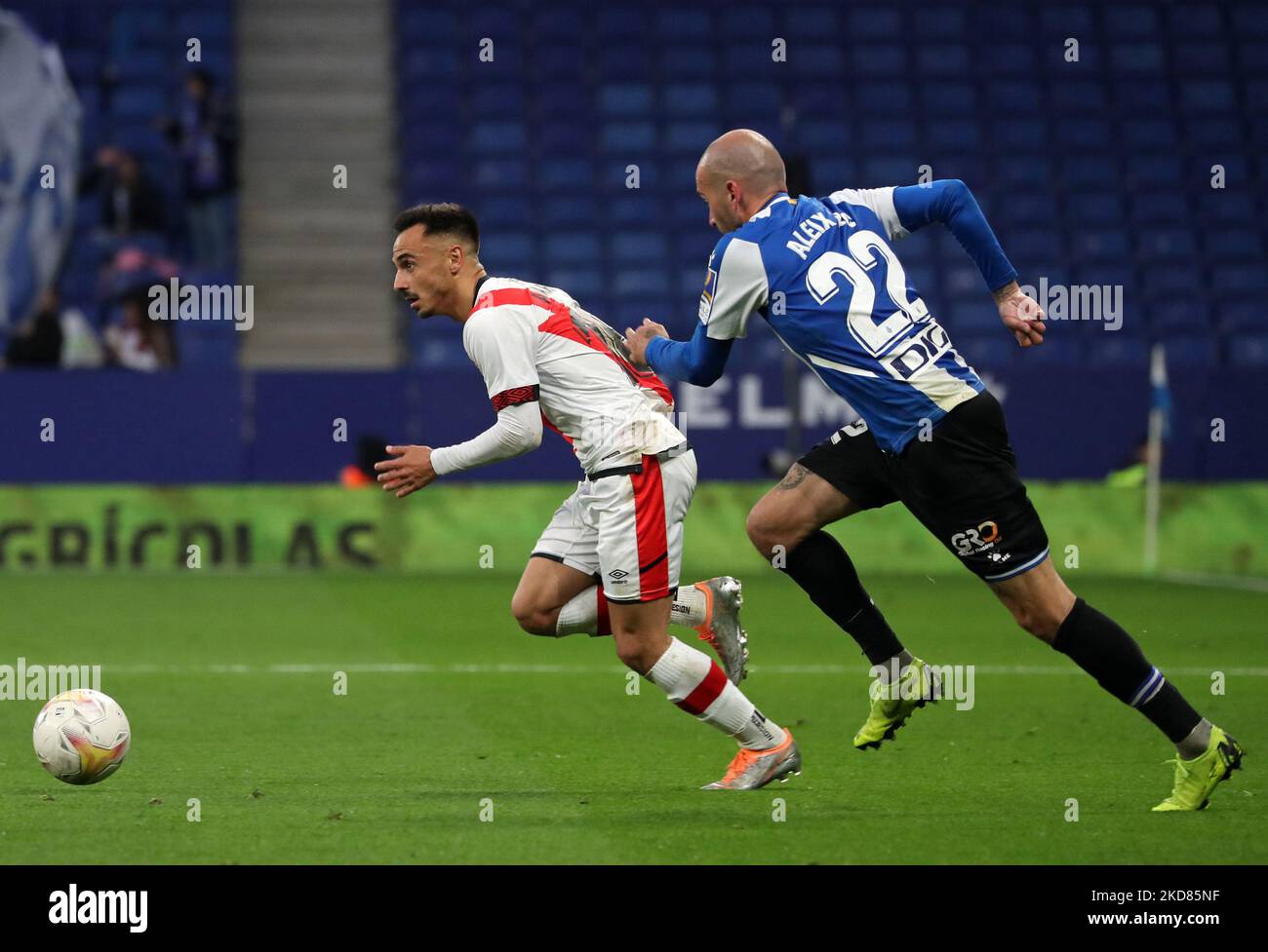 Alvaro Garcia and Aleix Vidal during the match between RCD Espanyol and Rayo Vallecano, corresponding to the week 33 of the Liga Santander, played at the RCDE Stadium, in Barcelona, on 21th April 2022. (Photo by Joan Valls/Urbanandsport /NurPhoto) Stock Photo