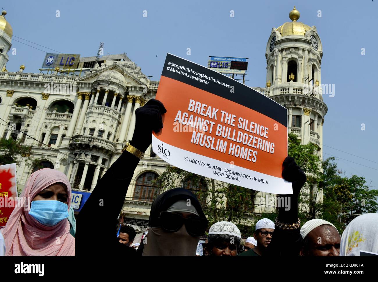 Religious leaders of different faith along with social activists carry posters, banners, placards in a protest rally against the recent bulldozer demolition of an illegal construction in Delhi Jahangirpuri area, Kolkata, India, on April 22, 2022. (Photo by Indranil Aditya/NurPhoto) Stock Photo