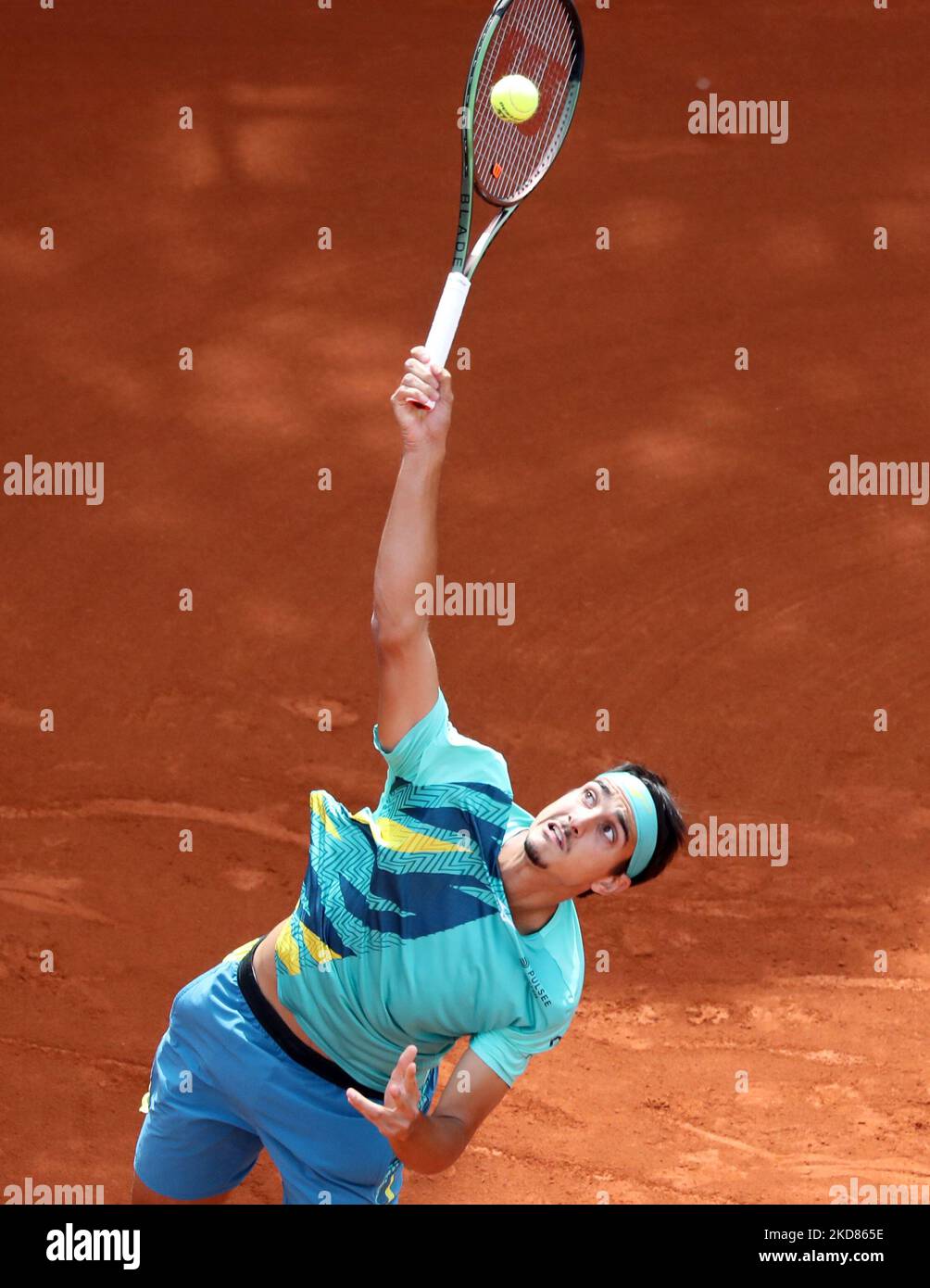 Lorenzo Sonego during the match against Pablo Carreno Busta, corresponding to the round of 16 of the Barcelona Open Banc Sabadell tennis tournament, 69th Conde de Godo Trophy, in Barcelona, on 22th April 2022. (Photo by Joan Valls/Urbanandsport /NurPhoto) Stock Photo