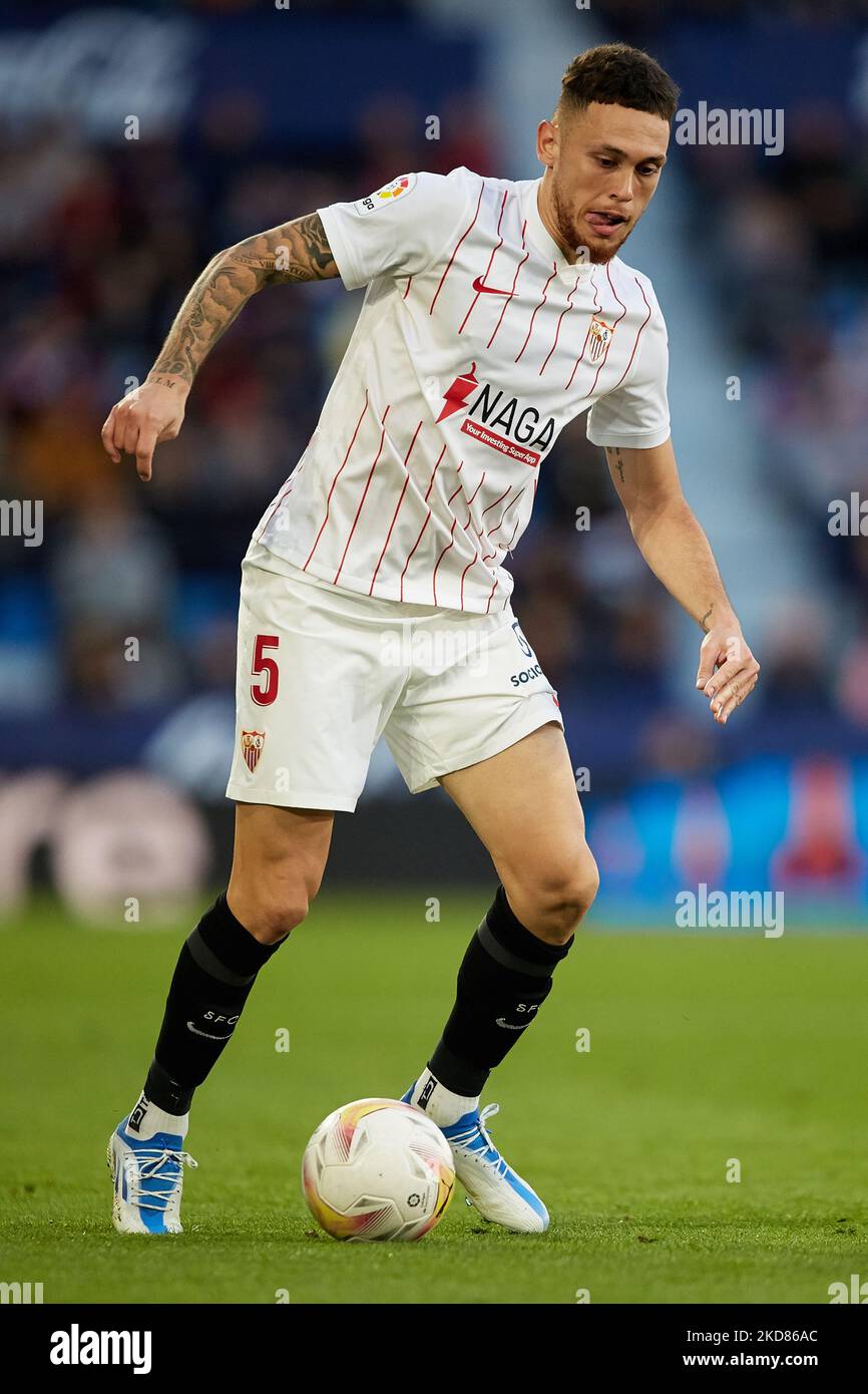 Lucas Ocampos of Sevilla FC in action during the La Liga Santander match between Levante UD and Sevilla FC at Ciutat de Valencia stadium, April 21, 2022, Valencia, Spain. (Photo by David Aliaga/NurPhoto) Stock Photo