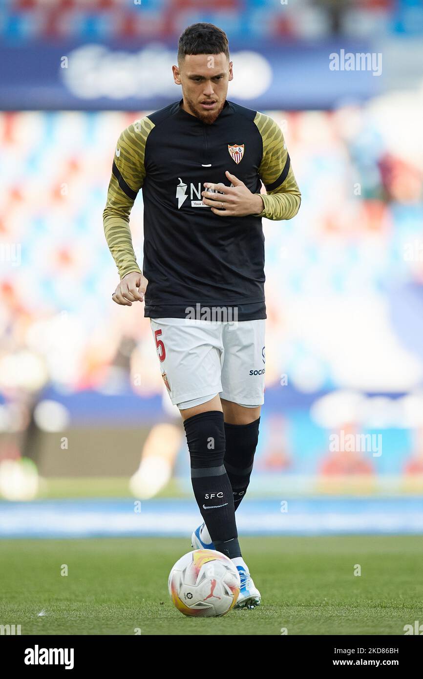 Lucas Ocampos of Sevilla FC in action prior to the La Liga Santander match between Levante UD and Sevilla FC at Ciutat de Valencia stadium, April 21, 2022, Valencia, Spain. (Photo by David Aliaga/NurPhoto) Stock Photo