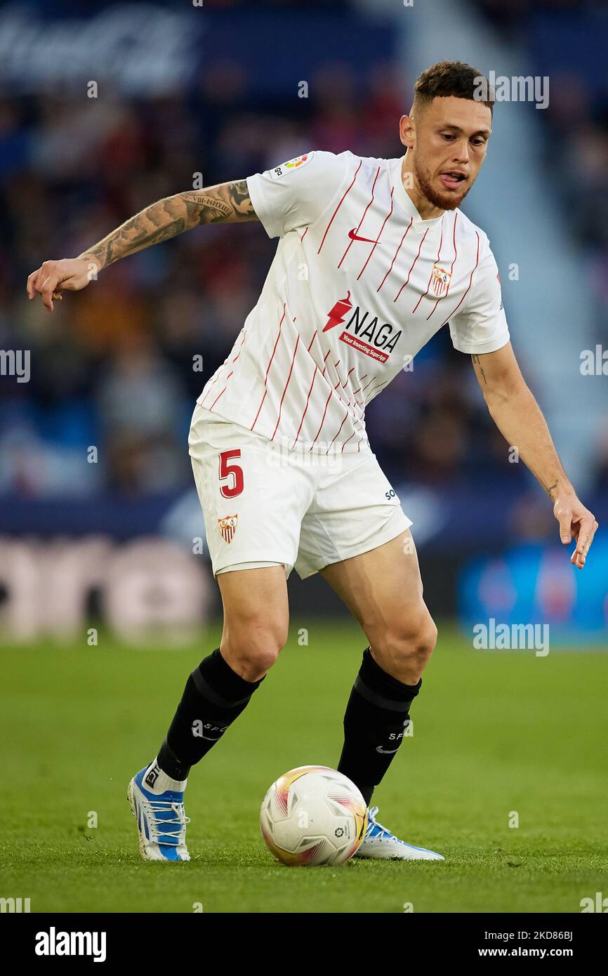 Lucas Ocampos of Sevilla FC in action during the La Liga Santander match between Levante UD and Sevilla FC at Ciutat de Valencia stadium, April 21, 2022, Valencia, Spain. (Photo by David Aliaga/NurPhoto) Stock Photo