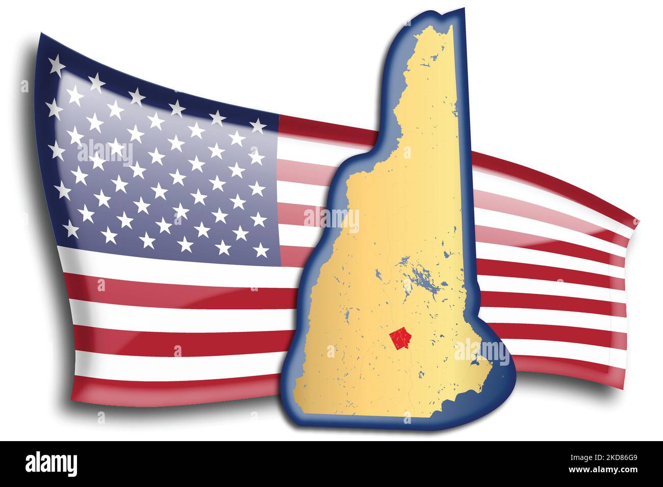 U.S. states - map of New Hampshire against an American flag. Rivers and lakes are shown on the map. American Flag and State Map can be used separately Stock Vector