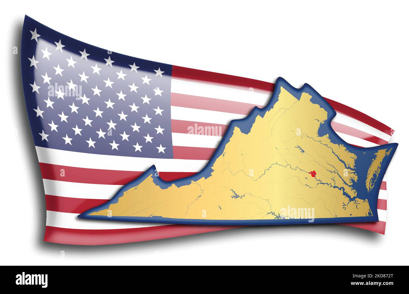 U.S. states - map of Virginia against an American flag. Rivers and lakes are shown on the map. American Flag and State Map can be used separately and Stock Vector