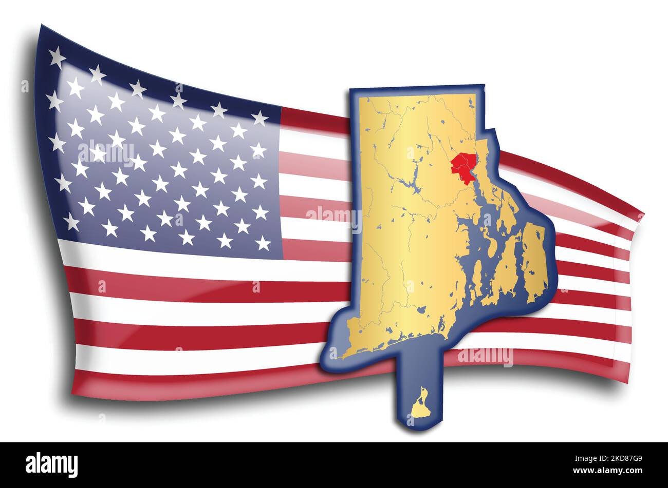 U.S. states - map of Rhode Island against an American flag. Rivers and lakes are shown on the map. American Flag and State Map can be used separately Stock Vector