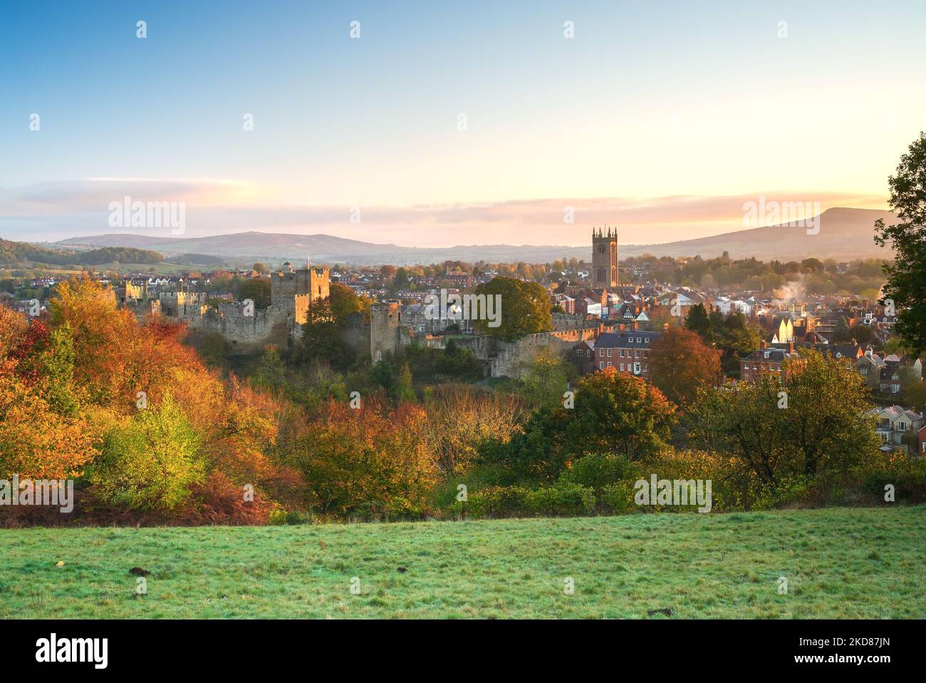 Autumnal sunrise at Ludlow Castle in Shropshire,UK taken from