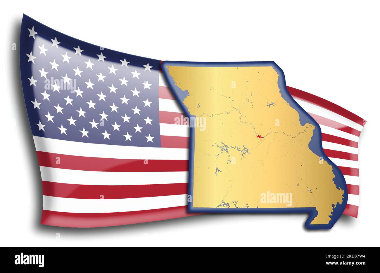U.S. states - map of Missouri against an American flag. Rivers and lakes are shown on the map. American Flag and State Map can be used separately and Stock Vector