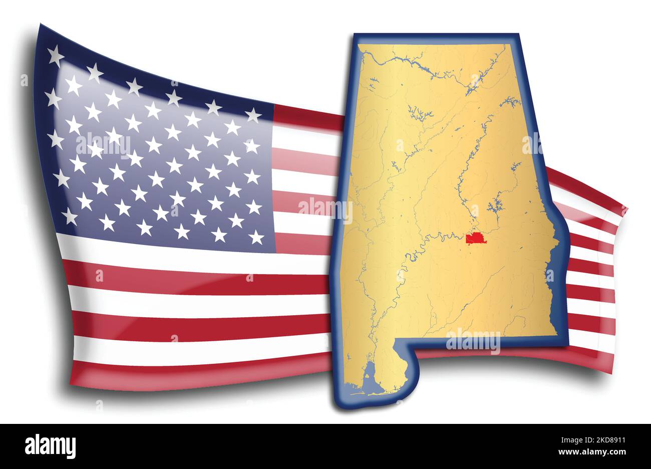 U.S. states - map of Alabama against an American flag. Rivers and lakes are shown on the map. American Flag and State Map can be used separately and e Stock Vector