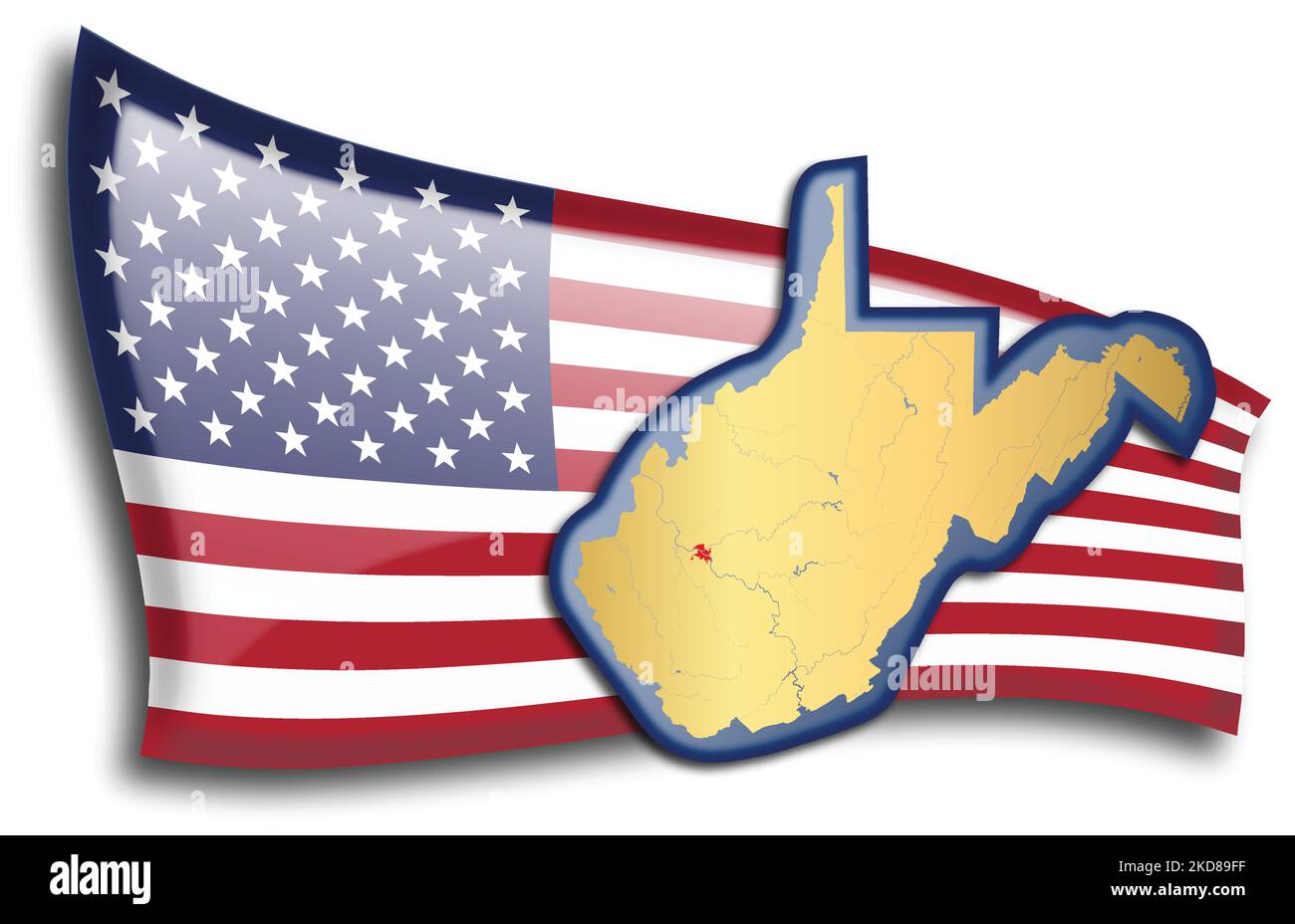 U.S. states - map of West Virginia against an American flag. Rivers and lakes are shown on the map. American Flag and State Map can be used separately Stock Vector