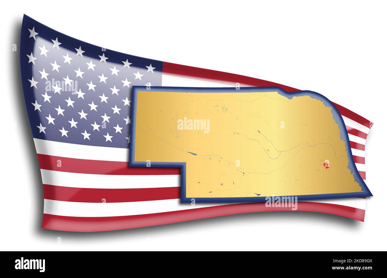 U.S. states - map of Nebraska against an American flag. Rivers and lakes are shown on the map. American Flag and State Map can be used separately and Stock Vector