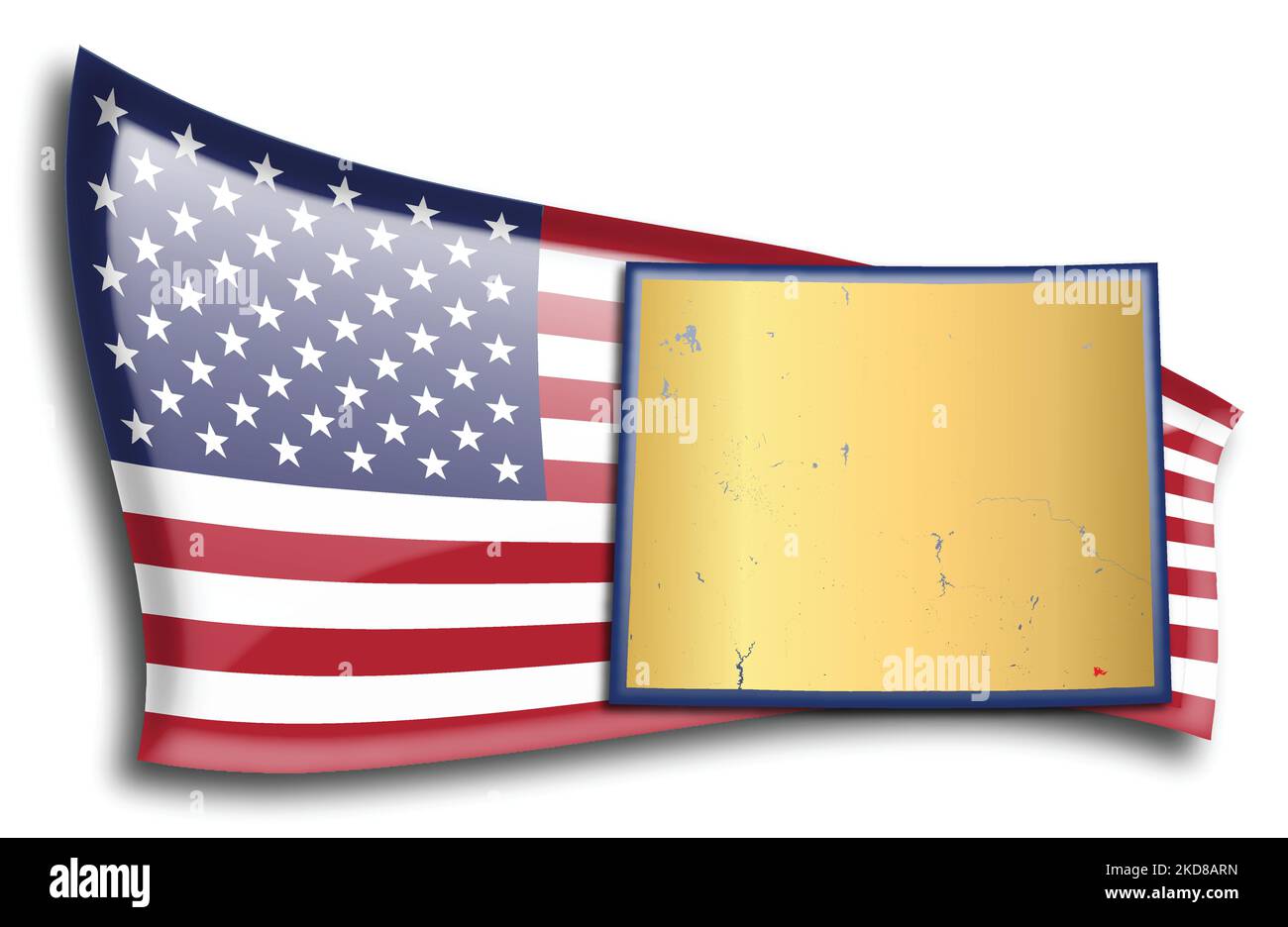 U.S. states - map of Wyoming against an American flag. Rivers and lakes are shown on the map. American Flag and State Map can be used separately and e Stock Vector