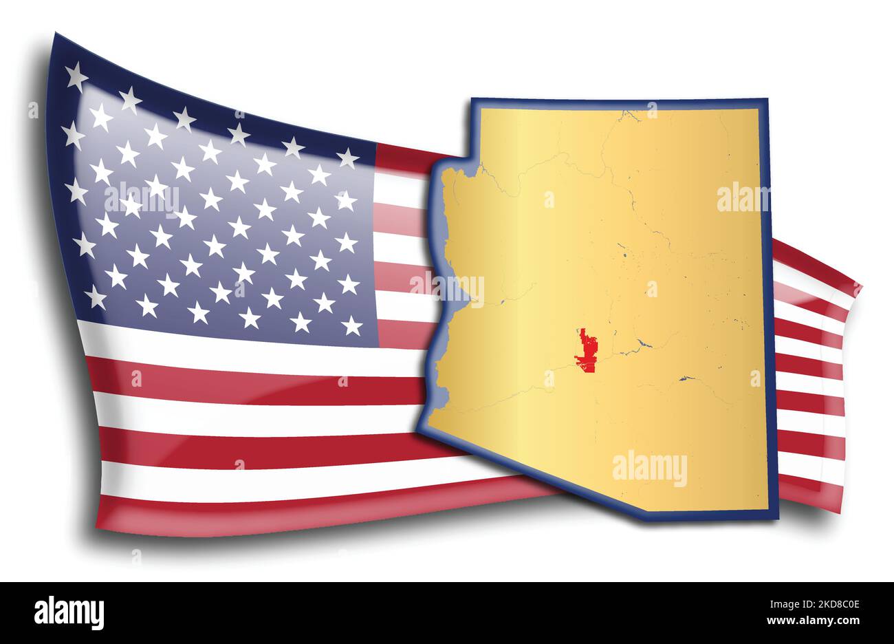 U.S. states - map of Arizona against an American flag. Rivers and lakes are shown on the map. American Flag and State Map can be used separately and e Stock Vector
