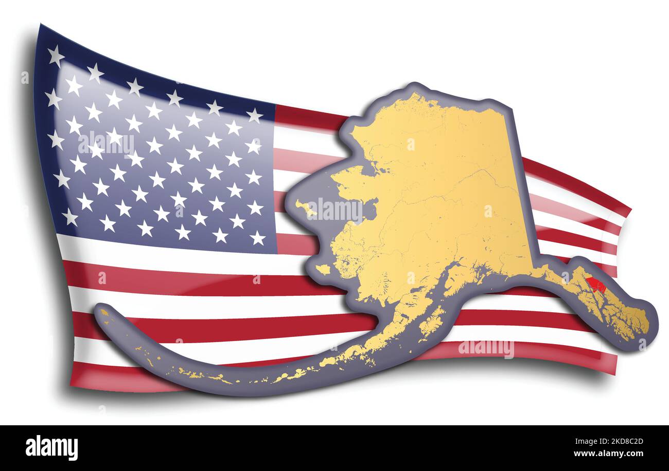 U.S. states - map of Alaska against an American flag. Rivers and lakes are shown on the map. American Flag and State Map can be used separately and ea Stock Vector
