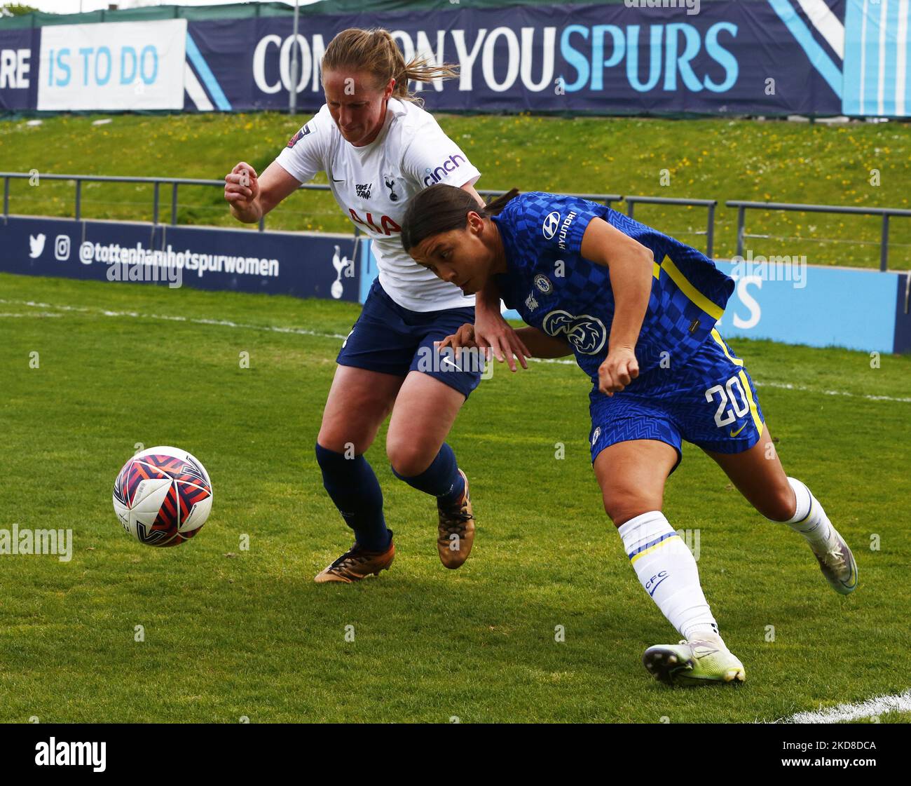 L-R Kerys Bartrip of Tottenham Hotspur Women holds of Chelsea Women Sam Kerr during Barclays FA Women's Super League between Tottenham Hotspur and Chelsea at The Hive, Barnet , UK on 24th April 2021 (Photo by Action Foto Sport/NurPhoto) Stock Photo