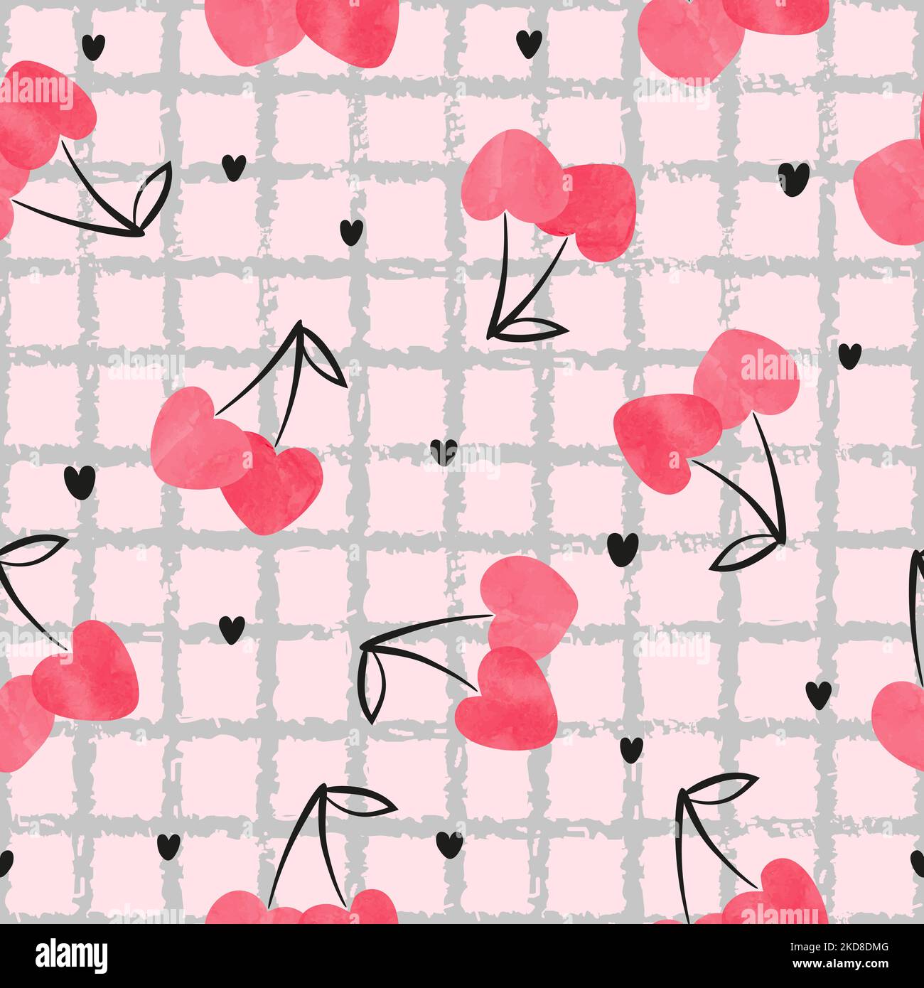 Seamless abstract heart shaped cherry pattern, Vector illustration, Stock Vector