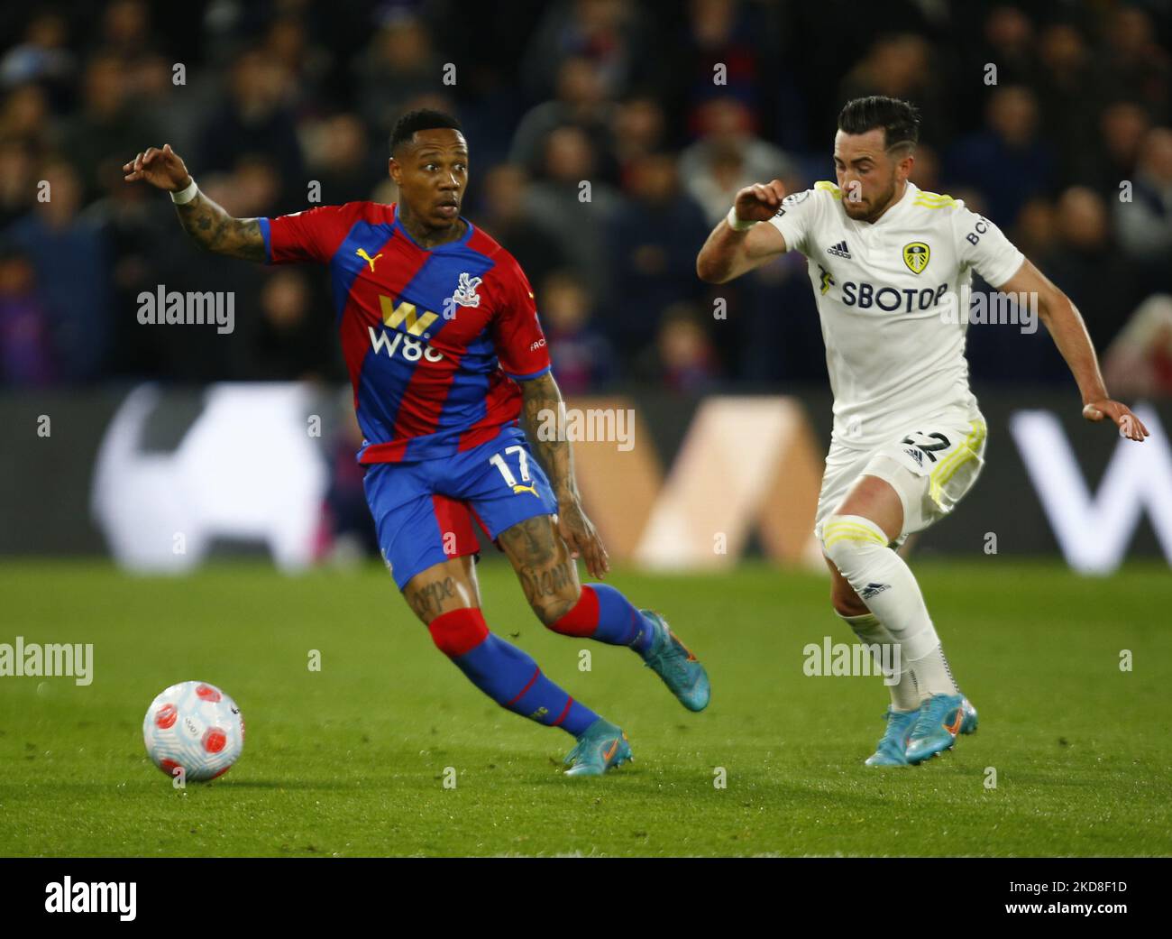 :L-R Crystal Palace's Nathaniel Clyne and Jack Harrison of Leeds United during Premier League between Crystal Palace and Leeds United at Selhurst Park Stadium, London on 25th April, 2022 (Photo by Action Foto Sport/NurPhoto) Stock Photo