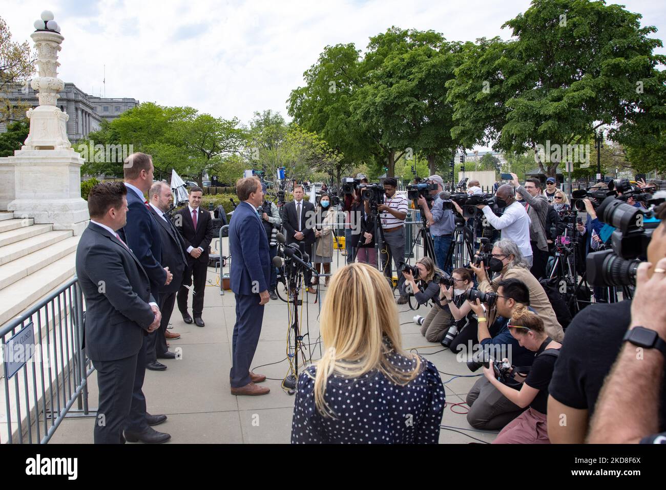 Texas Attorney General Ken Paxton speaks outside of the Supreme Court in Washington, D.C. on April 26, 2022, as opening arguments conclude in the case of Biden v. Texas, a challenge to the Biden Administration’s repeal of the Trump Migrant Protection Protocols. (Photo by Bryan Olin Dozier/NurPhoto) Stock Photo