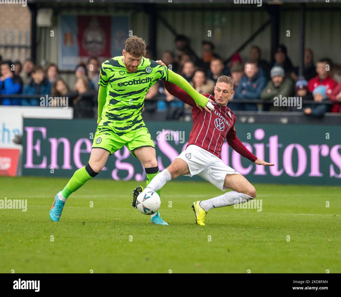 South Shields Gary Liddle tackles Forest Greens Harvey Bunker during the FA Cup 1st Round match between South Shields and Forest Green Rovers at Mariners Park, South Shields on Saturday 5th November 2022. (Credit: Craig McNair | MI News) Credit: MI News & Sport /Alamy Live News Stock Photo