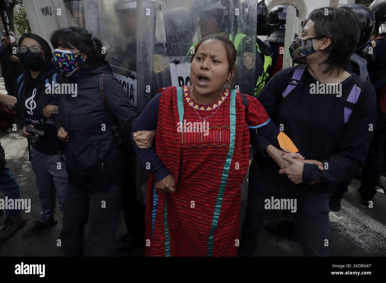 A member of the Triqui community of Copala, Oaxaca, is withdrawn and encapsulated after being evicted from an encampment they had maintained for 15 months on Avenida Juárez, Mexico City. After these events, they were once again encapsulated outside a building that gave them refuge for one night in the street of Mapimí and Plomo, in the Valle Gómez neighbourhood. (Photo by Gerardo Vieyra/NurPhoto) Stock Photo