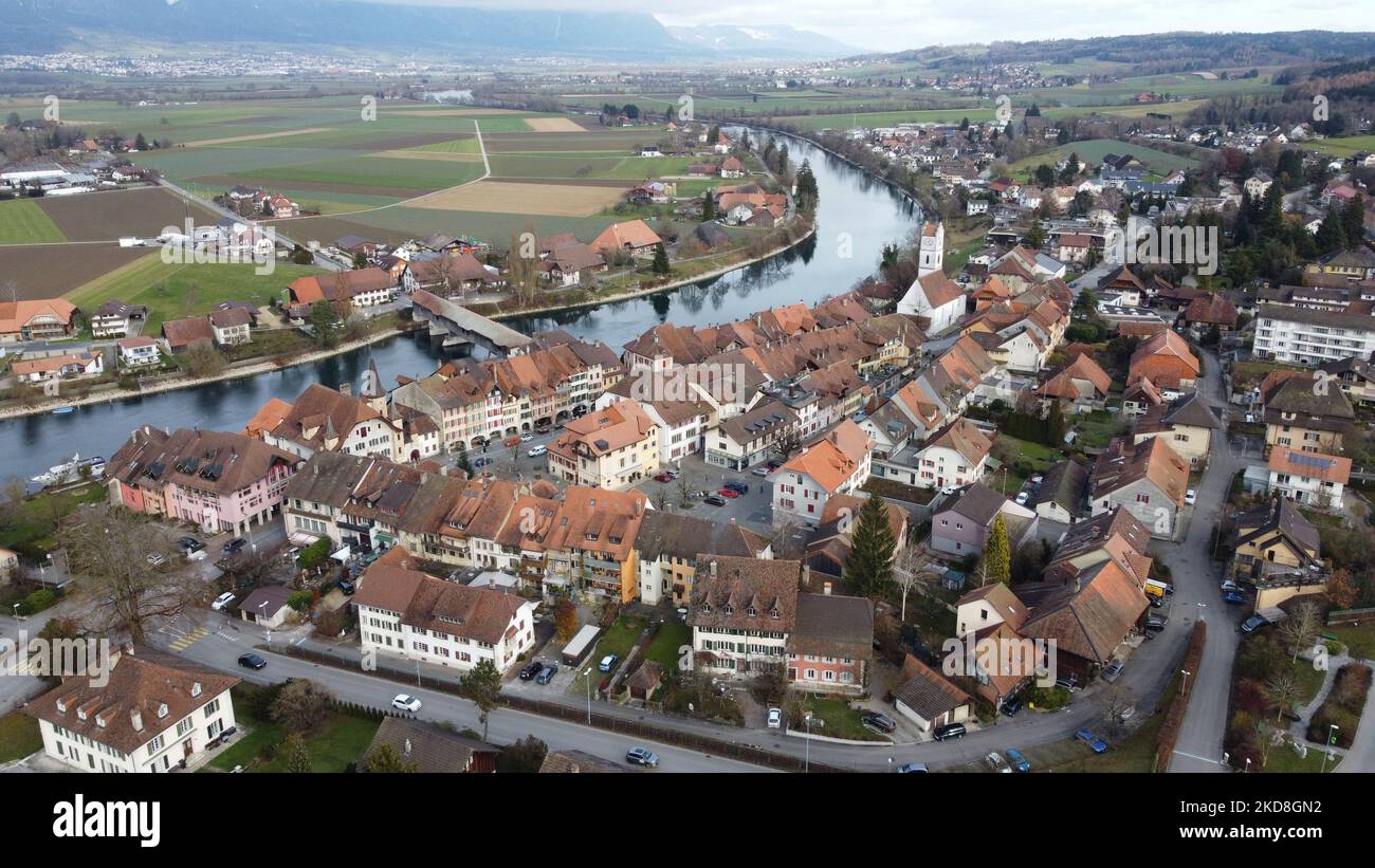 An aerial view of a river surrounded by a town Stock Photo - Alamy