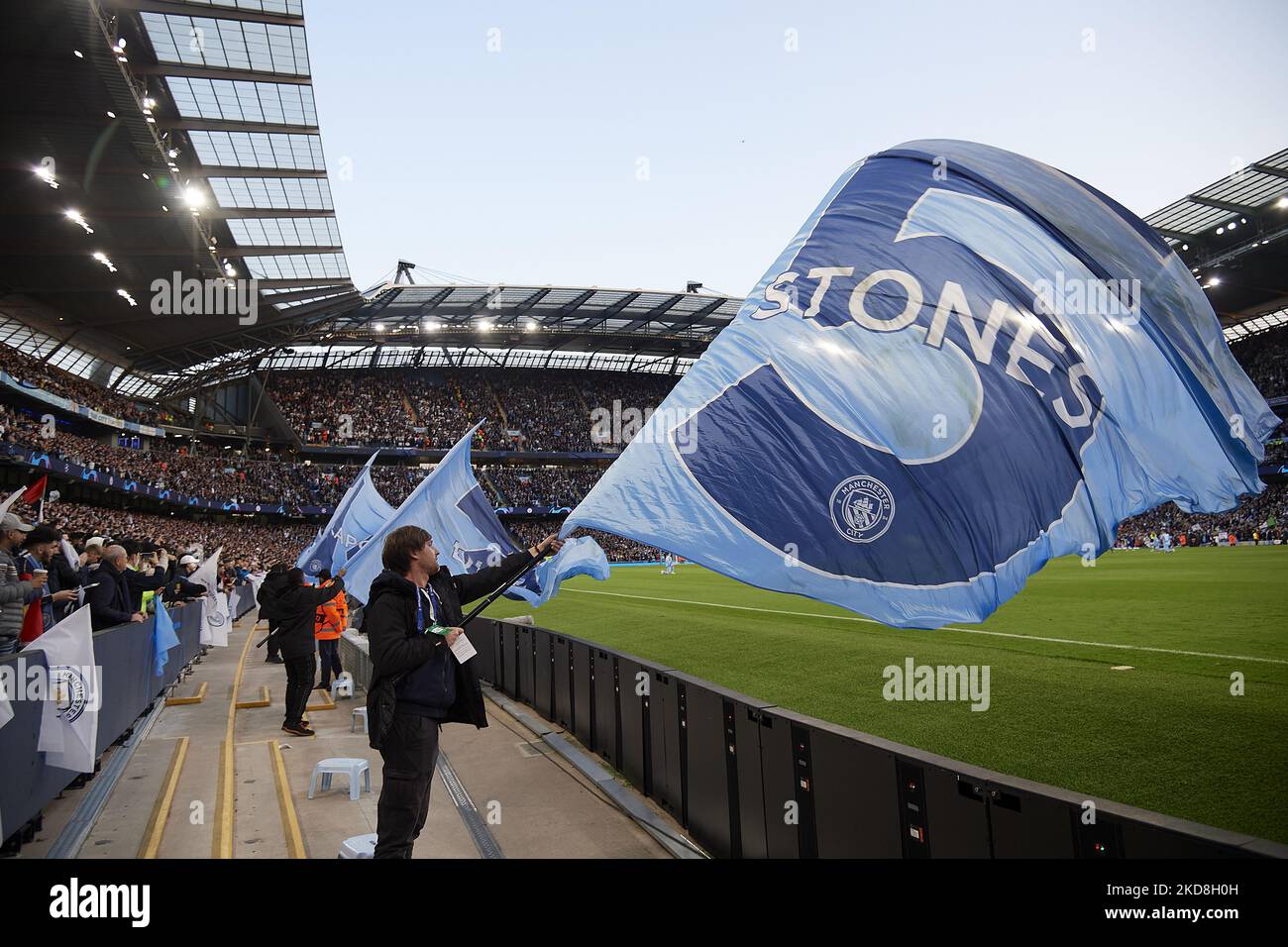 Flags bearing the names of Manchester City players during the UEFA Champions League Semi Final Leg One match between Manchester City and Real Madrid at City of Manchester Stadium on April 26, 2022 in Manchester, United Kingdom. (Photo by Jose Breton/Pics Action/NurPhoto) Stock Photo