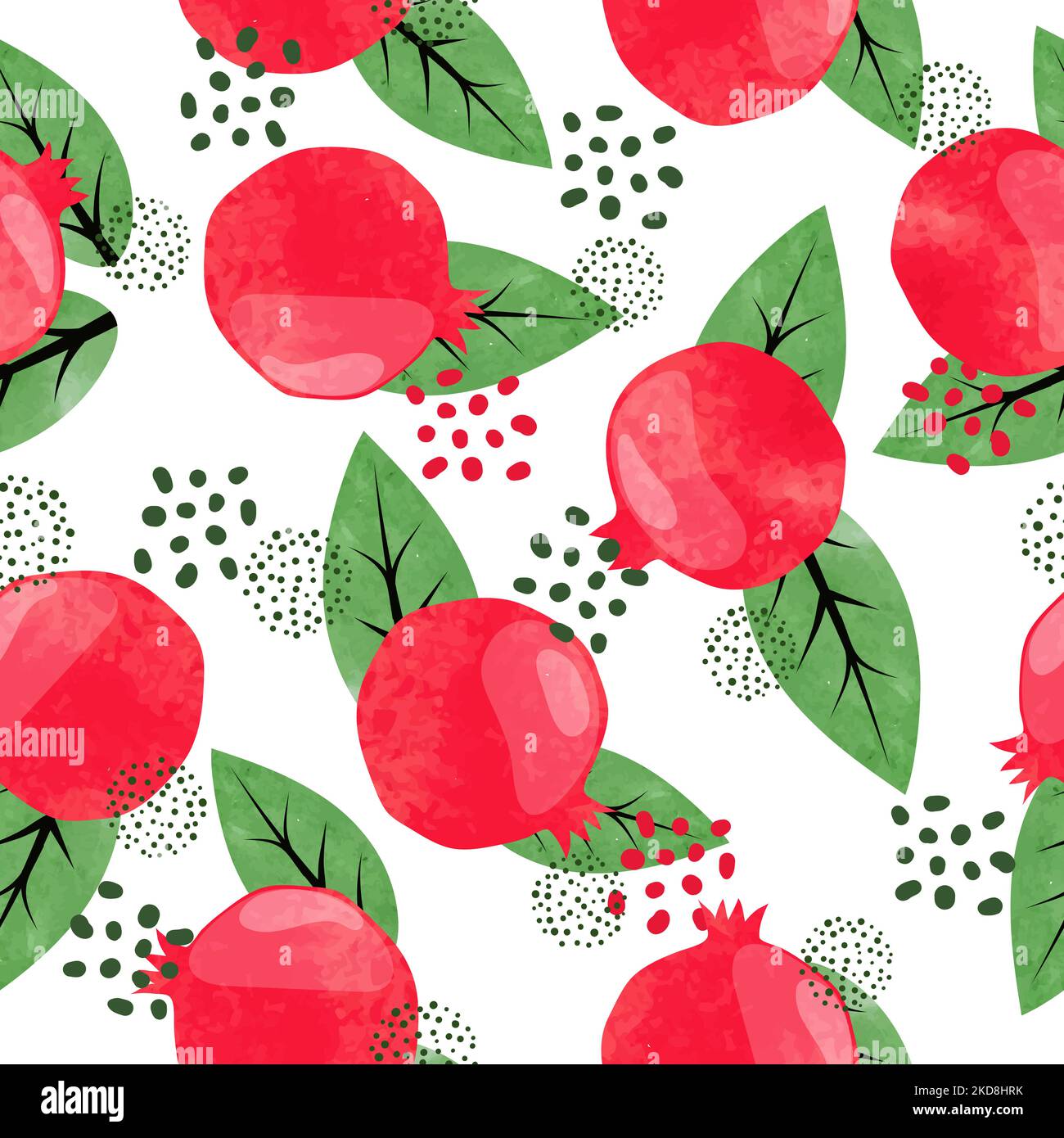 Seamless pomegranate pattern. Vector watercolor illustration with pomegranate fruits and leaves. Stock Vector