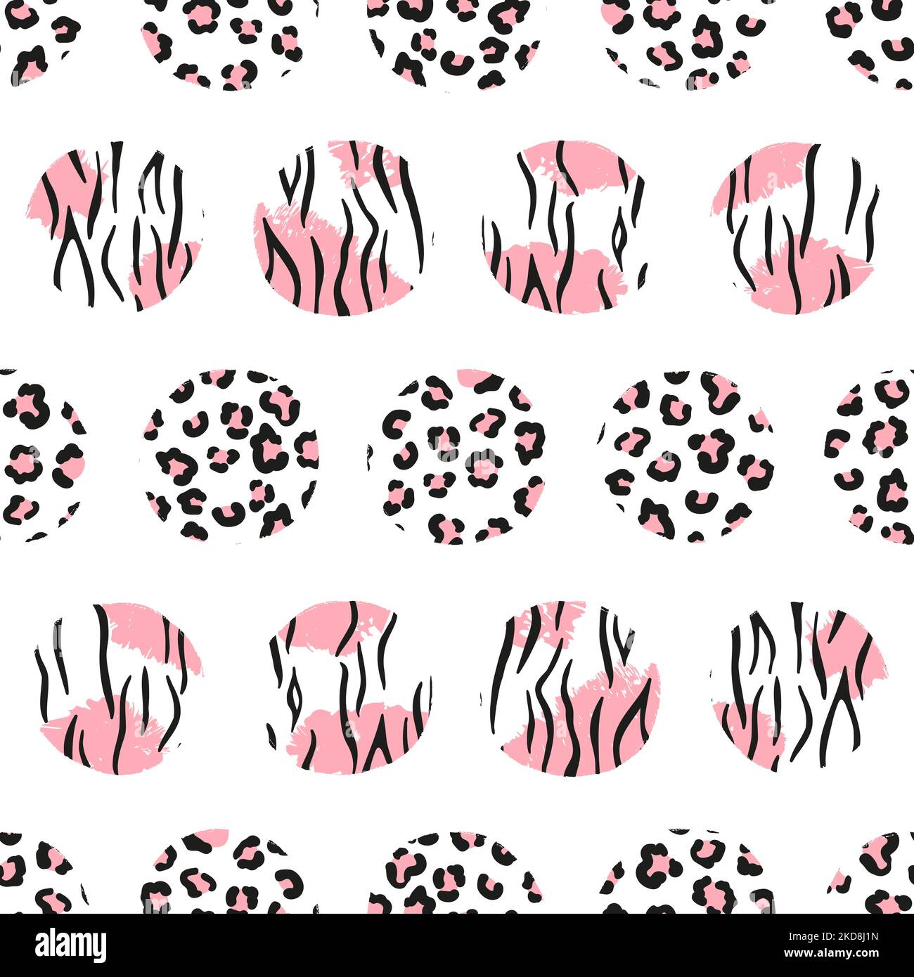 Seamless dotted pattern with pink circles and animal print. Vector abstract background. Stock Vector
