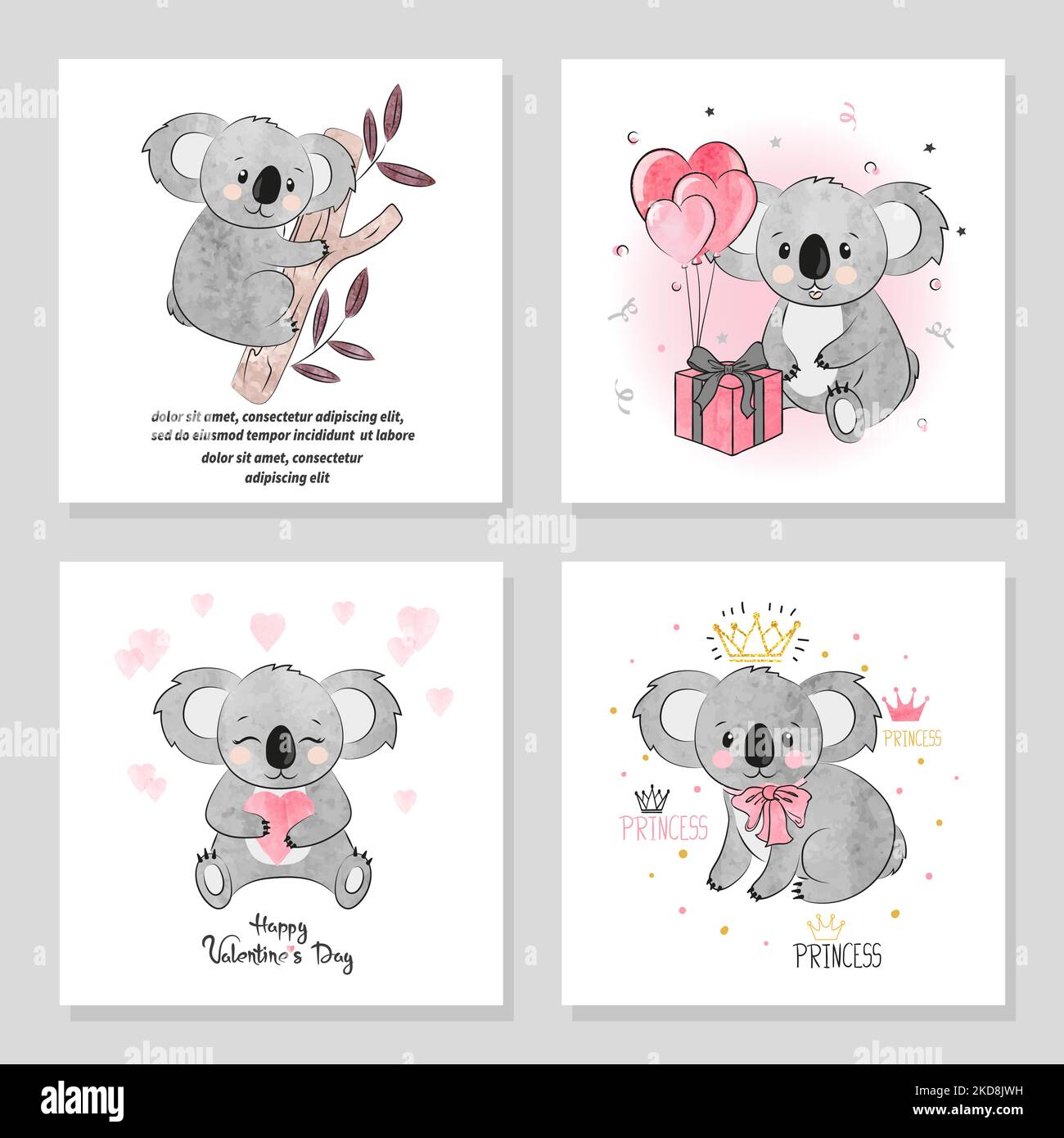 Cute Koala bear vector illustrations. Set of birthday greeting cards ...