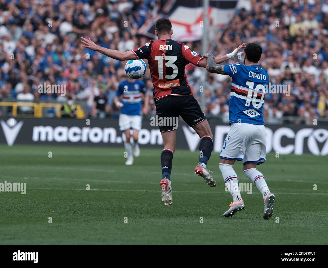 Genoa, Italy. 30 April 2022. Antonio Candreva of UC Sampdoria competes for  the ball with Pablo Galdames of Genoa CFC during the Serie A football match  between UC Sampdoria and Genoa CFC.