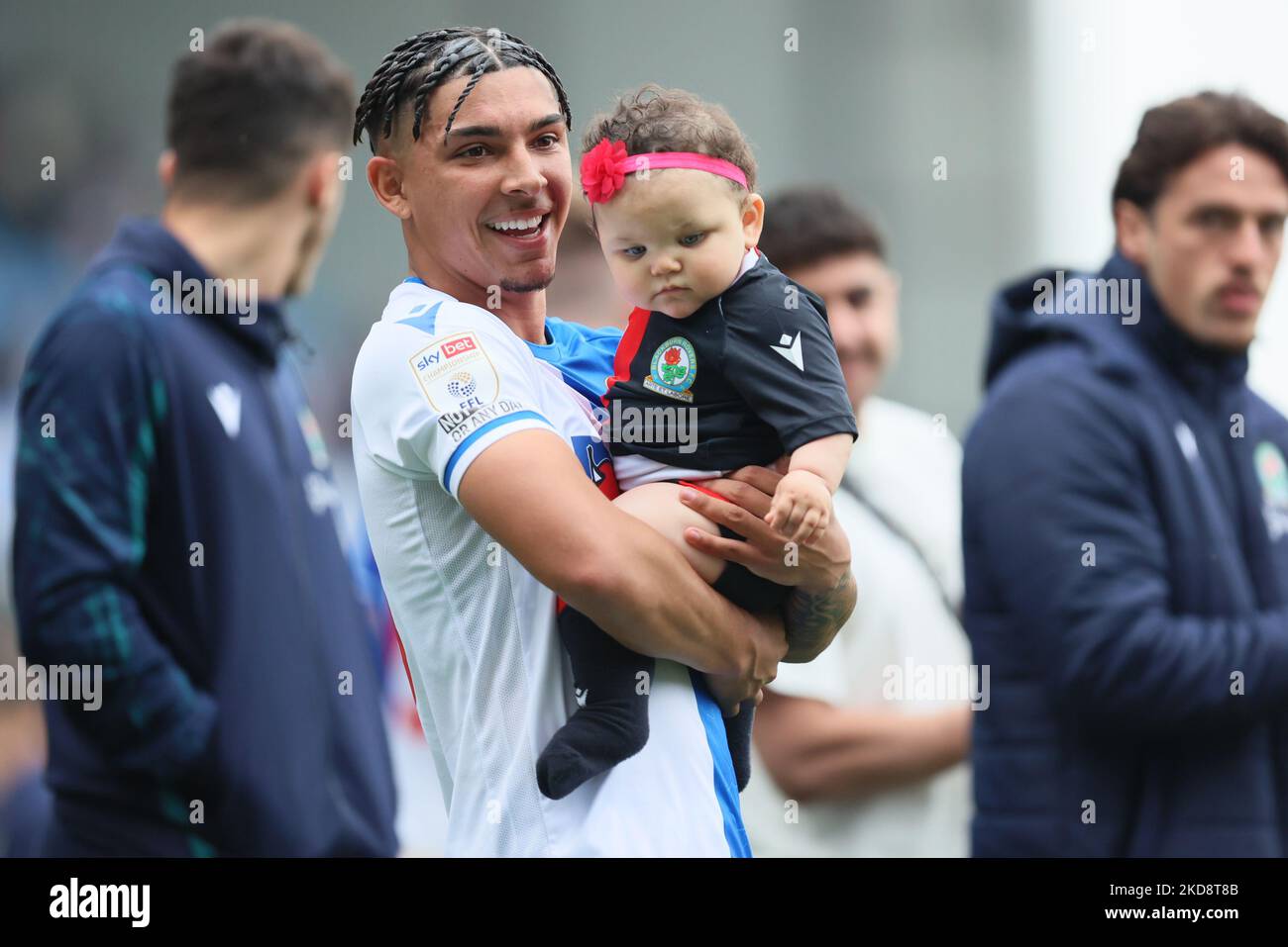 Tyrhys Dolan of Blackburn Rovers and his young child after the Sky Bet Championship match between Blackburn Rovers and Bournemouth at Ewood Park, Blackburn on Saturday 30th April 2022. (Photo by Pat Scaasi /MI News/NurPhoto) Stock Photo