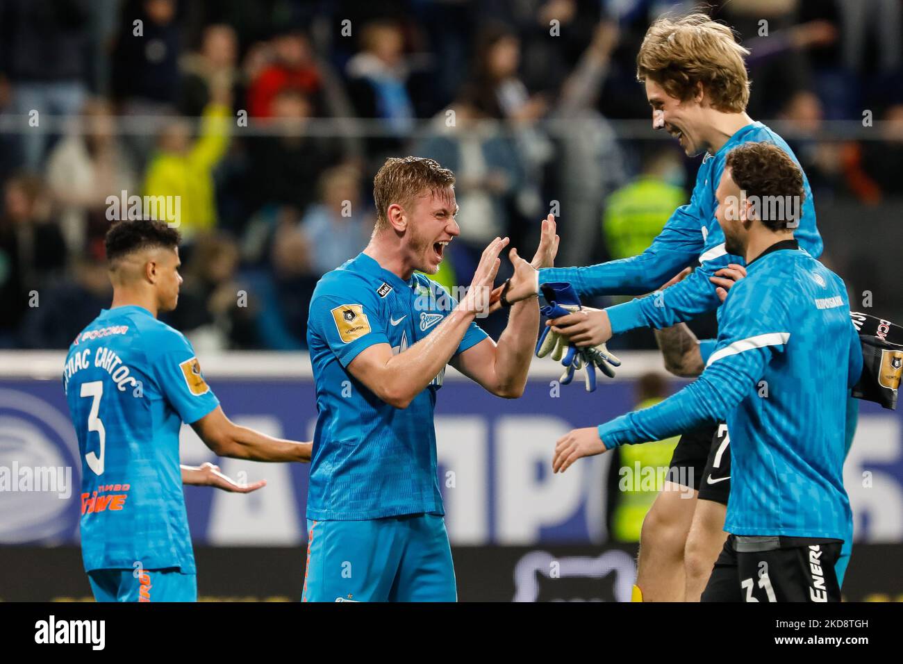 Dmitri Chistyakov (C) of Zenit St. Petersburg celebrates championship with teammates during the Russian Premier League match between FC Zenit Saint Petersburg and FC Lokomotiv Moscow on April 30, 2022 at Gazprom Arena in Saint Petersburg, Russia. (Photo by Mike Kireev/NurPhoto) Stock Photo