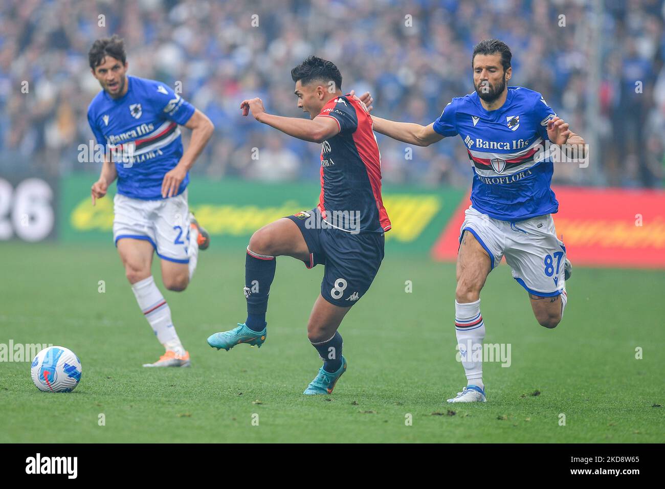 Genoa, Italy. 30 April 2022. Antonio Candreva of UC Sampdoria fouls Nadiem  Amiri of Genoa CFC during the Serie A football match between UC Sampdoria  and Genoa CFC. Credit: Nicolò Campo/Alamy Live